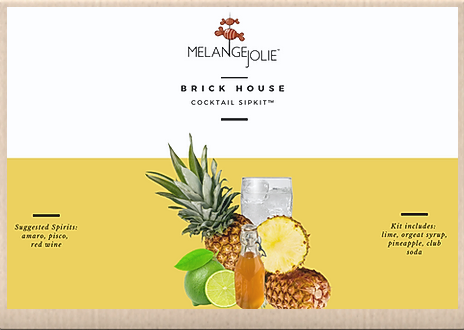 Mélange Jolie Brick House Cocktail SipKit™ with ingredients and bar tools for making cocktails.